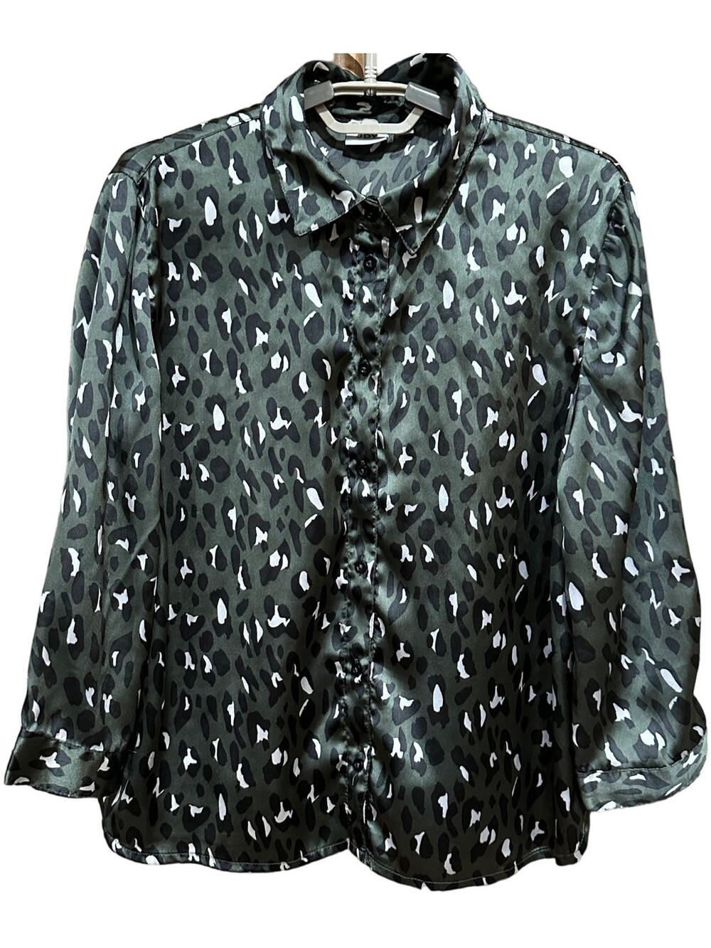JDY Blouse Women 38 US M Green Leopard Button Up Long Sleeve Business Office